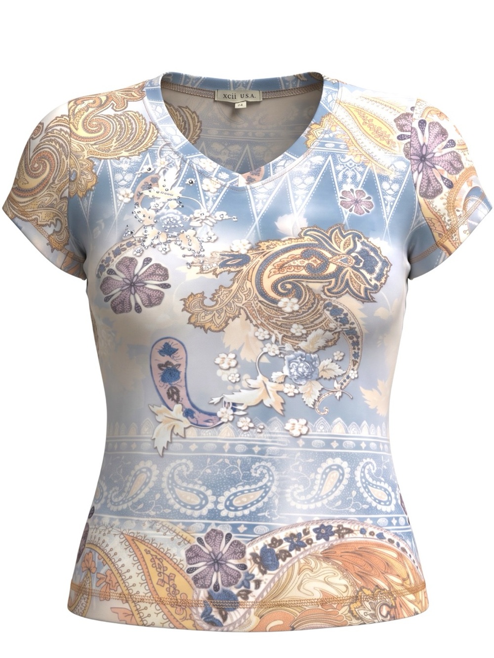 Xcit USA Studded Multi-color Paisley Print Short Sleeve V-Neck Tee Shirt Size M